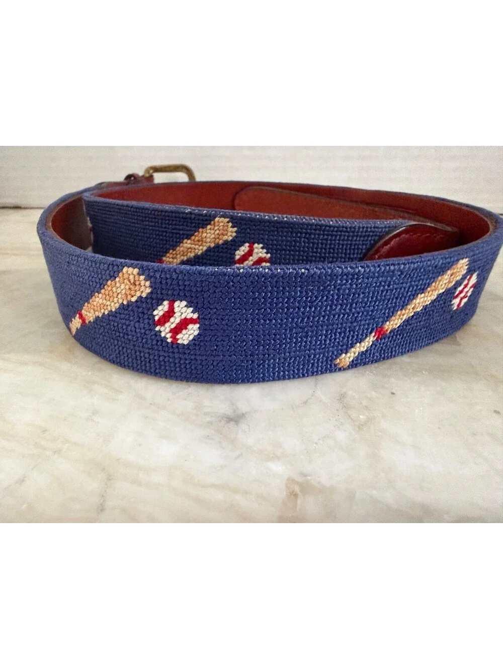 Smathers & Branson Needlepoint Belt Size 36 Baseball Bats Balls Blue Leather Vtg